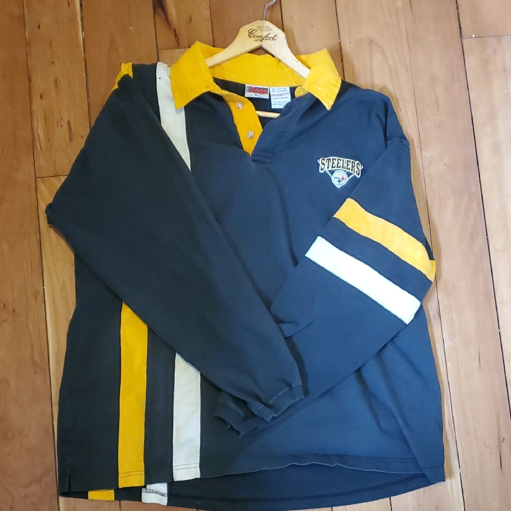 STEELERS!!! Long Sleeve Rugby Shirt with Steelers Patch Size L   Year 1998
